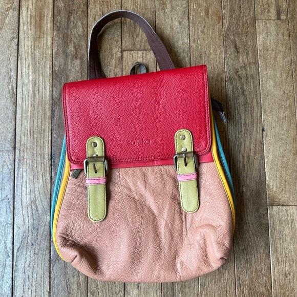 Soruka Freya Backpack NWT Handmade Upcycle Multicolor Colorblock Buckle Straps - Picture 1 of 13